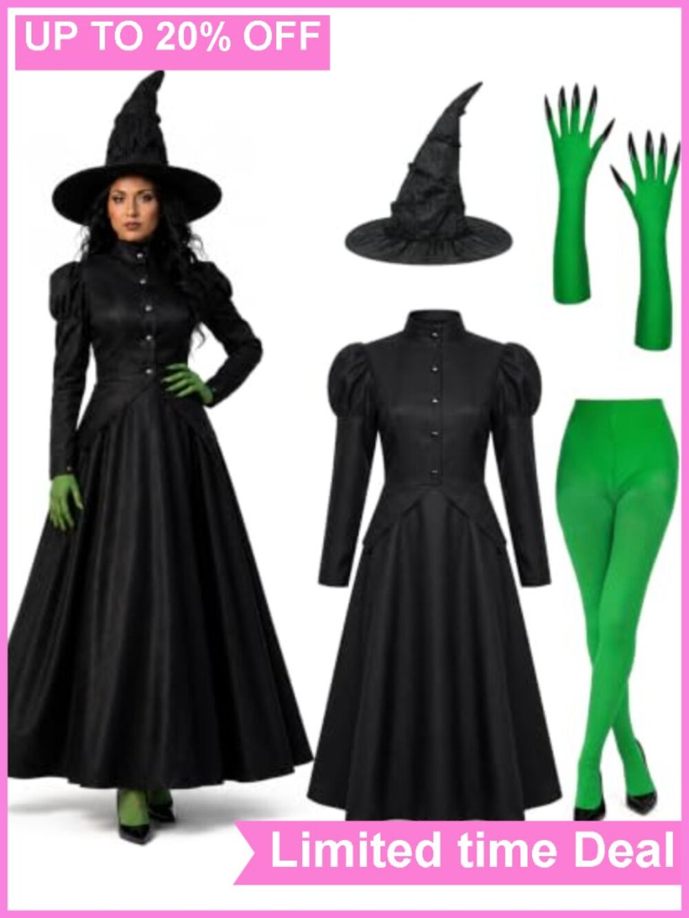 Complete Witch Costume Set Dress Hat Gloves Tights Cosplay